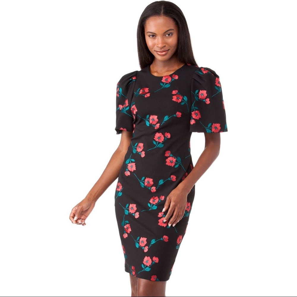 Calvin Klein floral embroidered sheath dress with puff sleeves